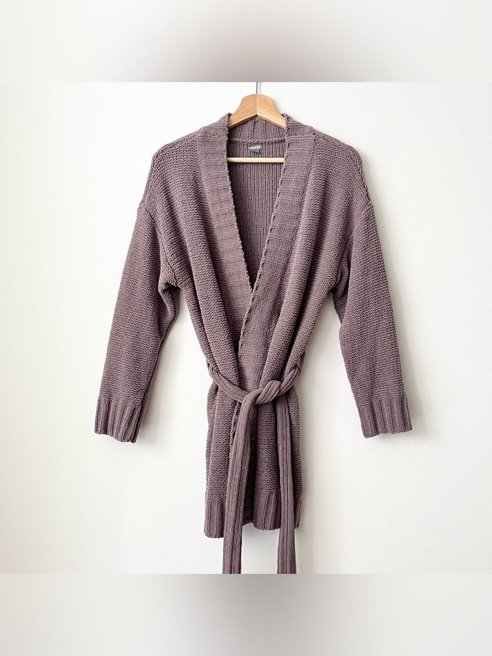 Aerie Women's Long Cardigan Belted Robe XS Brown Soft Plush Chenille Loungey